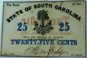 1863 25 Cent State Of South Carolina Obsolete SC45-G101 UNC - Picture 1 of 6