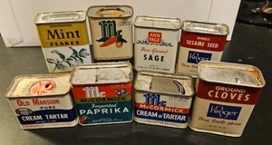 Vintage lot 8 tin spice can Ann Page, McCormick, Kroger, Old Mansion - Picture 1 of 21