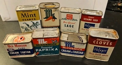 Vintage lot 8 tin spice can Ann Page, McCormick, Kroger, Old Mansion - Image 1 of 4