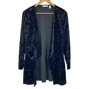 DENIM & CO CANYON RETREAT NWOT Crushed Velvet Draped Collar Cardigan Black XXS - Picture 1 of 7