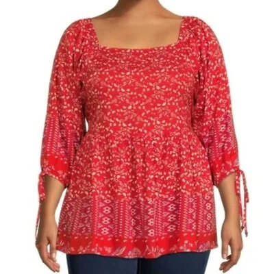 Romantic Gypsy Floral Paisley Square Neck Babydoll Top Blouse Orange Plus 2XL - Image 1 of 4