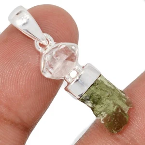 Natürlicher echter tschechischer Moldavit & Herkimer Diamant 925 Silber Anhänger CP71462 - Bild 1 von 1