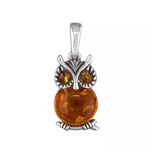 Cognac Amber Small Owl Pendant and Chain Solid Sterling Silver 925 - Picture 1 of 4