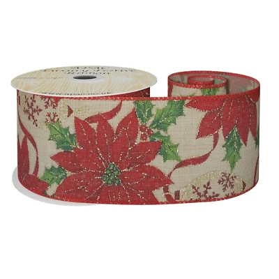 Christmas Themed Wired Ribbon Ponsettia Snowflake Ribbon 63mm Gift Bow Gifts - Image 1 of 3