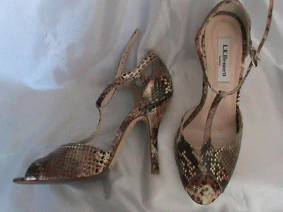 NUEVO SIN ETIQUETAS Mujer 7.5/38 LK Bennett Piel de Serpiente Marrón Tacón Alto Bomba Punta Abierta Sandalia  Foto 1 de 4