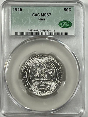 1946 Iowa Commemorative Half Dollar : CAC MS67  Blazing White - Image 1 of 4