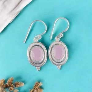 Rose Chalcedony Gemstone 925 Sterling Silver Jewelry Earring1.50" For Girlfriend - Picture 1 of 4