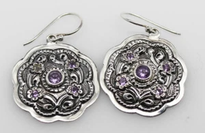Unverwechselbare 5 Amethysten Blumendesign silber hängende Ohrringe, Größe 1 Zoll Durchmesser - Bild 1 von 4