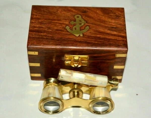Brass Antique Binocular Mother of Pearl Lorgnette Nautical Binocular with box - Picture 1 of 5