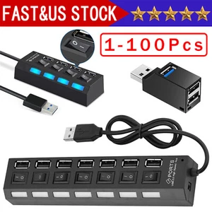 USB Hub 7 Port On/Off Switch High Speed Splitter AC Adapter Cable PC Laptop Lot - Picture 1 of 27