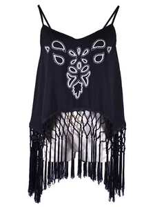 Women Floral Sleeveless Crochet Tassel Crop adjustable straps Vest Tank Tops - Picture 1 of 8