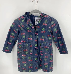 Gap Raincoat Girls Size XS 4-5 Navy Blue Red Cherry Print Hood Snap Up Jacket - Picture 1 of 4