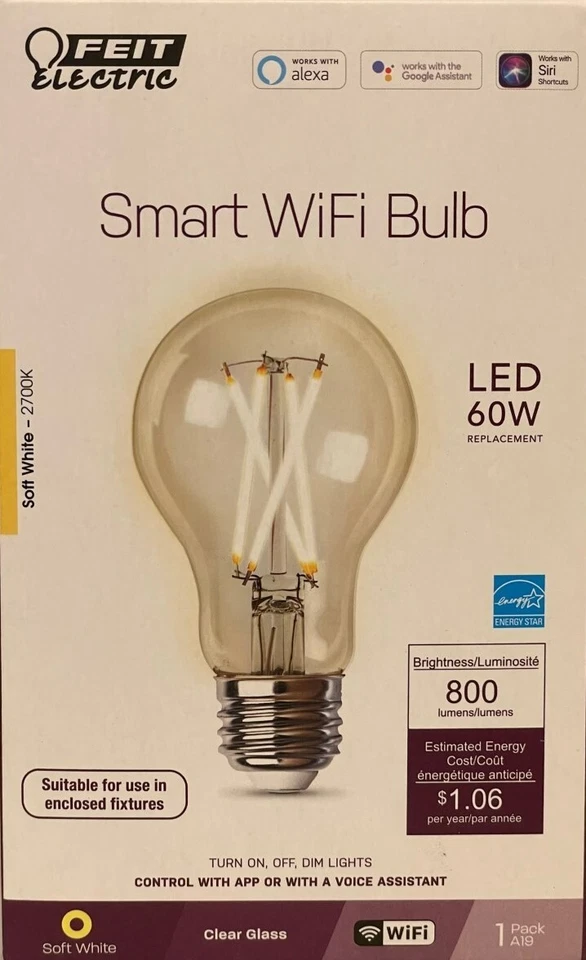 FEIT Electric 60-Watt Clear A19 Smart WiFi LED Light Bulb - Soft White - NEW - Image 1 of 1