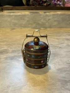 Vintage Burgundy Mini Chinese Cloisonné 3 Compartment Stacking Trinket Box - Picture 1 of 6
