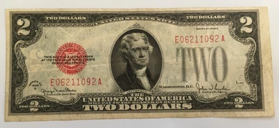 Nice 1928 G $2  Red Seal TWO Dollar United States Note wide right side margin - Image 1 of 2