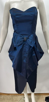 80s Vtg Roberta Party Dress Blue Iridescent Taffeta Bow Rhinestones Prom Wiggle - Image 1 of 4