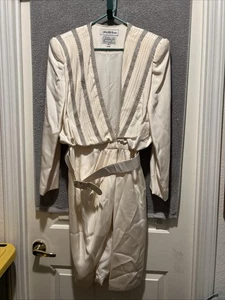 Splendido abito vintage Fernando Pena, con perline, LS e cintura. Crema taglia 14 - Foto 1 di 5