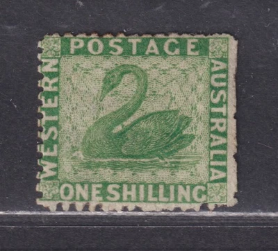 Western Australia Scott 34 MH 1861 1/- Coroa de Cisne Verde Brilhante CC P121/2 SCV $300 - Imagem 1 de 2