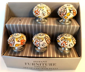 Instant Furniture Update Cream Colorful Floral Ceramic Pull Knobs, Open Set of 5 - Picture 1 of 7