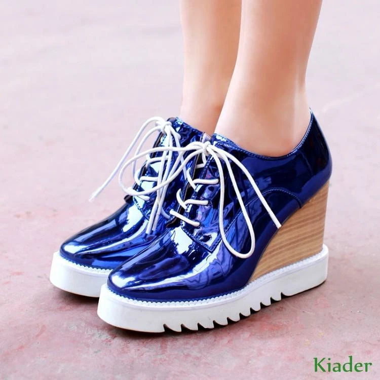 Womens Brogue New Patent Leather Wedge Heels Creepers Punk Shoes Pumps Plus Size - Image 1 of 4