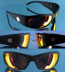 Polarisierte Biker Brille Symbole Skull + Kreuz Chopper schwarz matt Spiegelglas - Bild 1 von 2