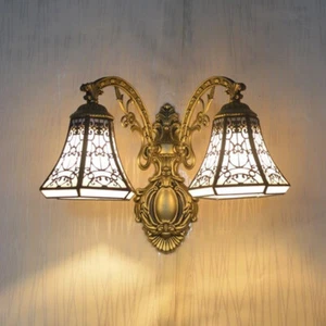 Vintage Tiffany Iron Wall Sconce Lamp Stained Glass Shade Wall Light Fixture - Picture 1 of 15