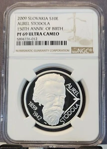 2009 SLOVAKIA SILVER 10 EURO AUREL STODOLA 150TH ANNIV NGC PF 69 ULTRA CAMEO - Picture 1 of 3