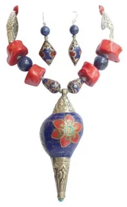 Rare Nepal Conch Shell Inset Beads Coral Lapis Amulet Necklace One of a Kind - Picture 1 of 11