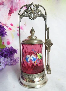 ANTIQUE Pickle Castor CRANBERRY Glass QUILTED diamond Van Bergher Silver c1880 - Picture 1 of 10