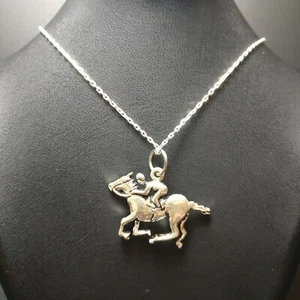 Horse Riding Design Necklace + Pendant, 925 Sterling Silver Jockey Equestrian - Picture 1 of 9