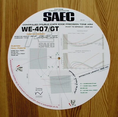 TRACKING WIZARD SAEC WE-407/GT Custom Designed Tonearm Cartridge Stylus Alignment Protractor