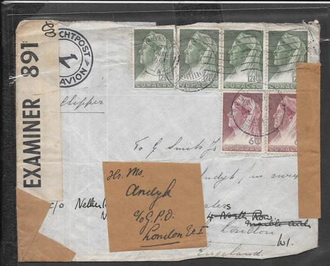 CURACAO CENSORED 1941 COVER RE-DIRECTED LONDON Cover