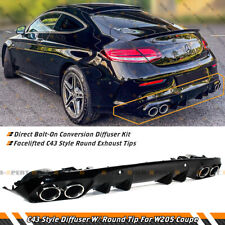 C43 STYLE BLK BUMPER DIFFUSER+CHROME ROUND EXHAUST TIPS FOR 15-21 W205 2DR COUPE