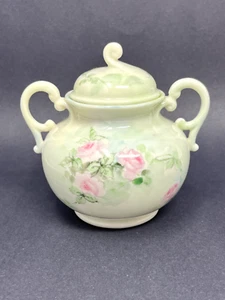 Rare Vintage Lenox Belleek Sugar Bowl with Lid Hand Painted w Pink Roses Signed - Picture 1 of 9
