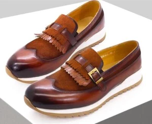 Men's Fashion British Round Toe Fringe Buckle Strap Loafers Casual Leather Shoes - Picture 1 of 13