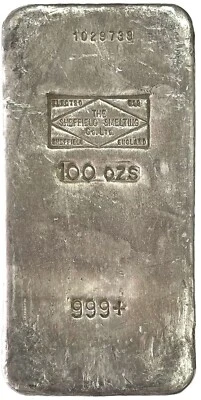 BARRA DE PLATA DE COLECCIÓN 100 OZ 999+ ENGELHARD- SHEFFIELD SMELTING CO. LTD INGLATERRA Foto 1 de 3