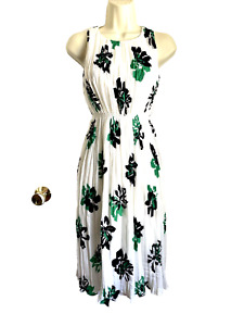 Banana Republic Dress XXS P White Floral Sleeveless Pleated Crinkled Elastic Wai