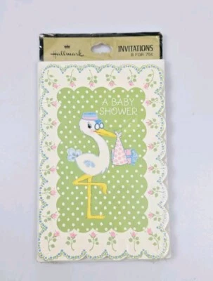 Hallmark Vintage Baby Shower Invitations Stork Polka Dot Green Rosebuds NEW  - Image 1 of 3