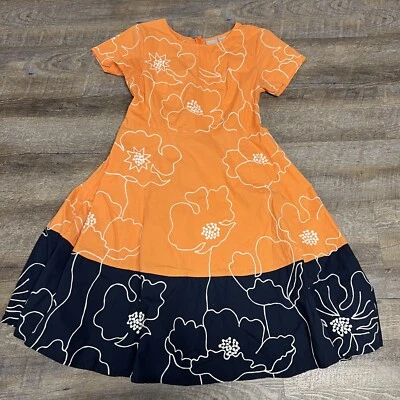 Eshakti Dress Orange Navy Blue Floral Print Custom Fit And Flare Midi Small? - Image 1 of 4