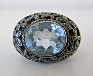 Ice Blue Faceted Topaz 925 Dark Sterling Silver Men's Ring SZ-8 Impressive! AZJ - Picture 1 of 10