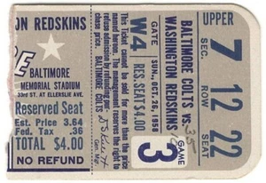 1958 BALTIMORE COLTS vs WASHINGTON REDSKINS ticket stub JOHNNY UNITAS 10/26/58 - Picture 1 of 2