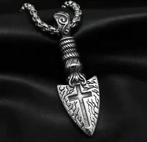 Mens Punk Gothic Spear w. Cross Pendant Necklace Hip Hop Jewelry Stainless Steel - Picture 1 of 6