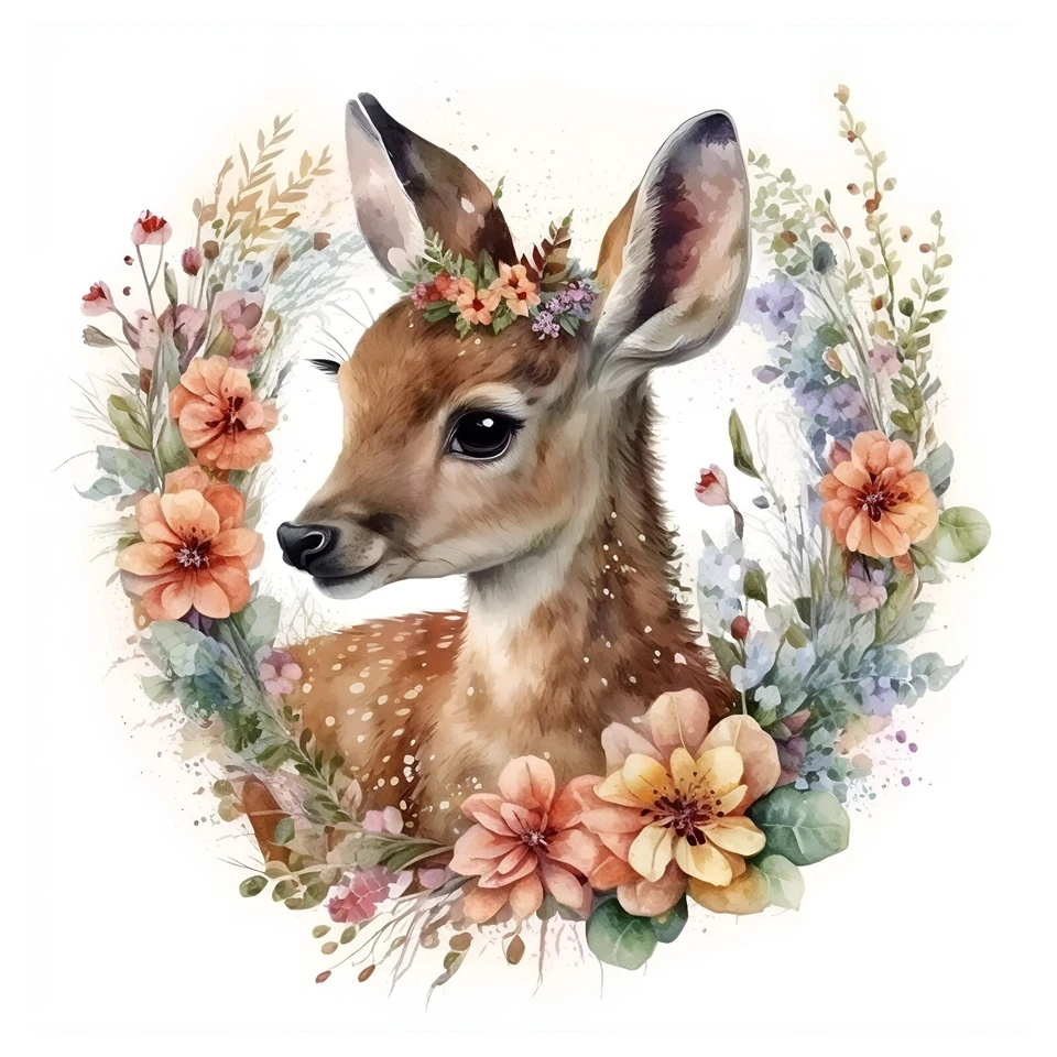 Colorful Woodland Floral Fawn Baby Deer #4 - 8x8 Craft Cotton Fabric Block - Image 1 of 1
