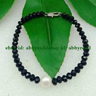 4x6mm Black Faceted Agate and White 9-10mm Pearl Bracelet 7.5 Inches