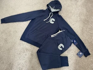 NWT CHAMPION Varsity Style PULLOVER HOODIE +SWEATPANTS SET Womens S Navy - Picture 1 of 12