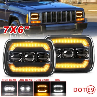 Pair 7x6" 5x7" Rectangle LED White Amber DRL Headlights for Jeep Cherokee XJ YJ - Image 1 of 4