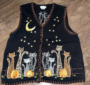 Vintage 90's WHITE STAG Halloween Ugly Sweater Vest Size L CATS - Picture 1 of 6