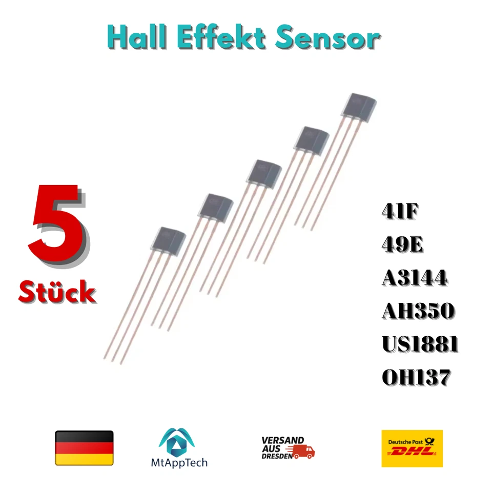 5 Stück Hall Effekt Sensor 41F 49E A3144 AH350 US1881 OH137 - Bild 1 von 1