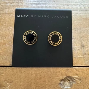 Marc by Marc Jacobs Stud Earrings Gold Tone Black Logo Designer Jewelry - Picture 1 of 2