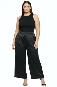 Ex-Autógrafo 22 Negro Satinado Pierna Ancha Culottes Pantalones Carga Mezcla Viscosa M&S - Imagen 1 de 15